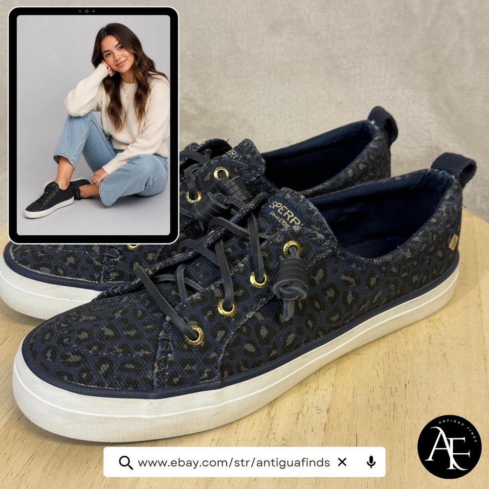 Sperry Crest Vibe Navy Blue Leopard Print Canvas Sneakers STS85932 Womens 8